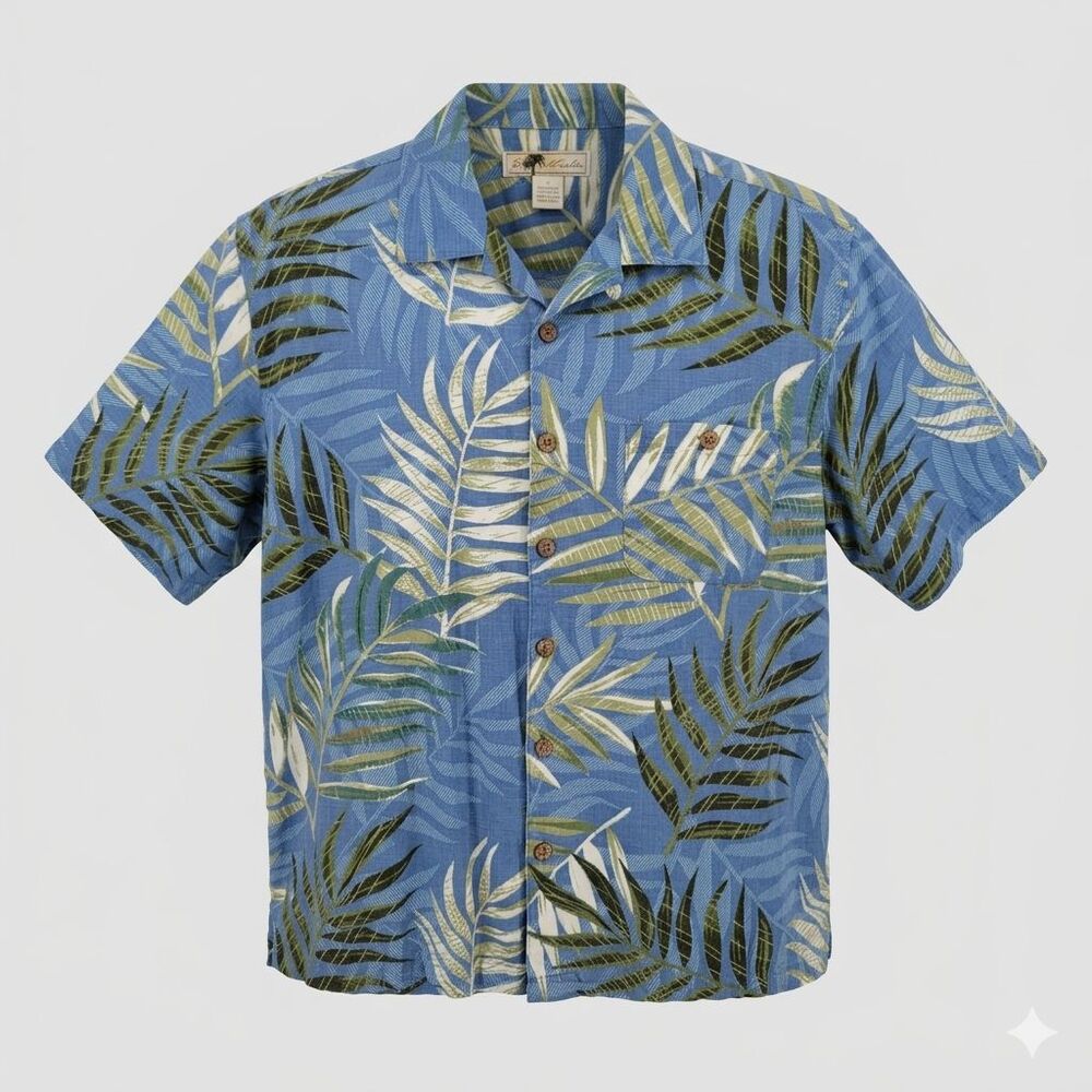 Joe Marlin Men's Large Hawaiian‎ Shirt Blue Green Palm Short Sleeve Wood Buttons
